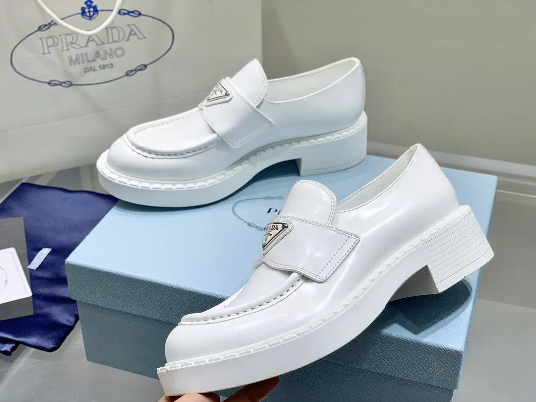 Prada Women's Loafers In White Brushed Leather - PRL003 Prada Women's Loafers In White Brushed Leather