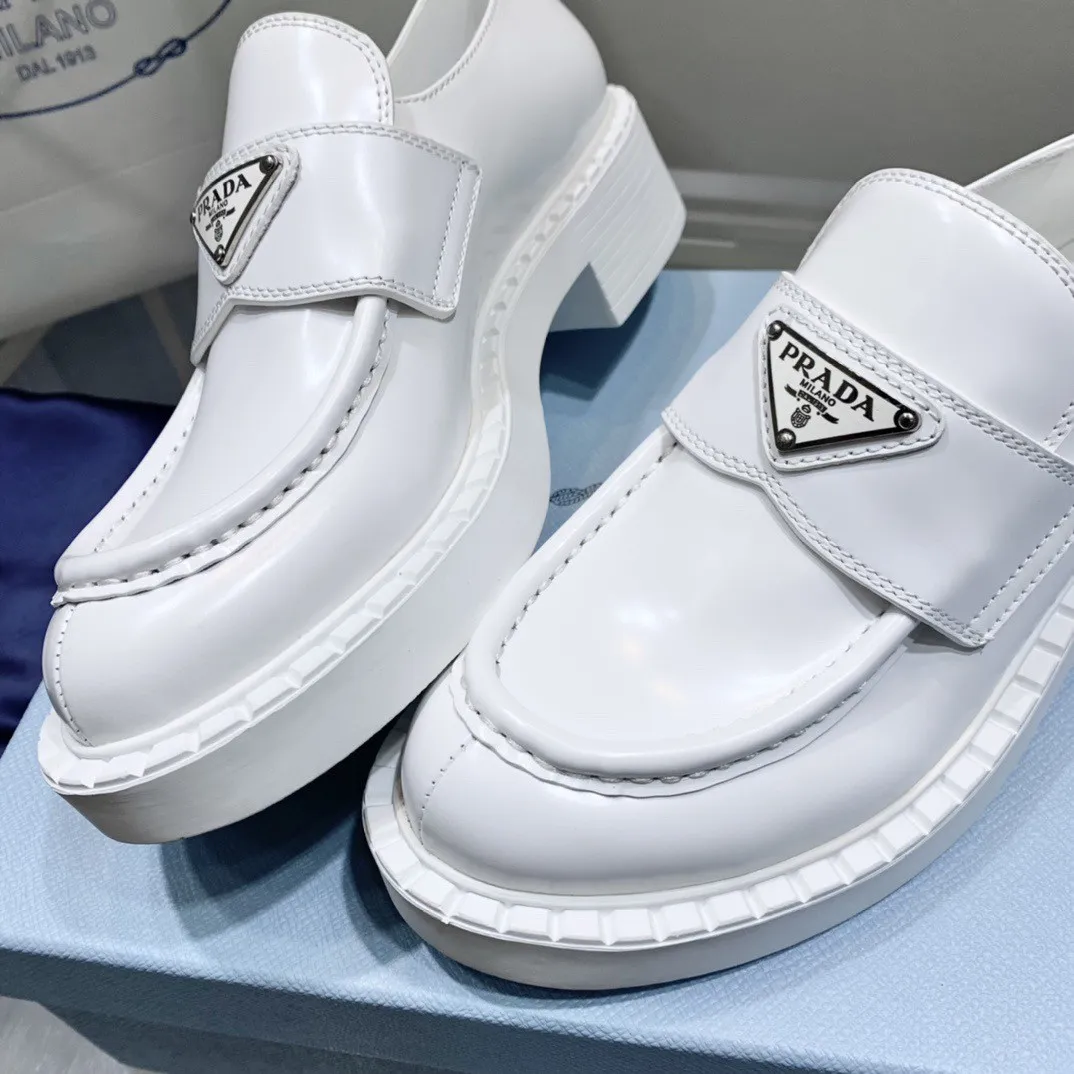 Prada Women's Loafers In White Brushed Leather - PRL003 Prada Women's Loafers In White Brushed Leather