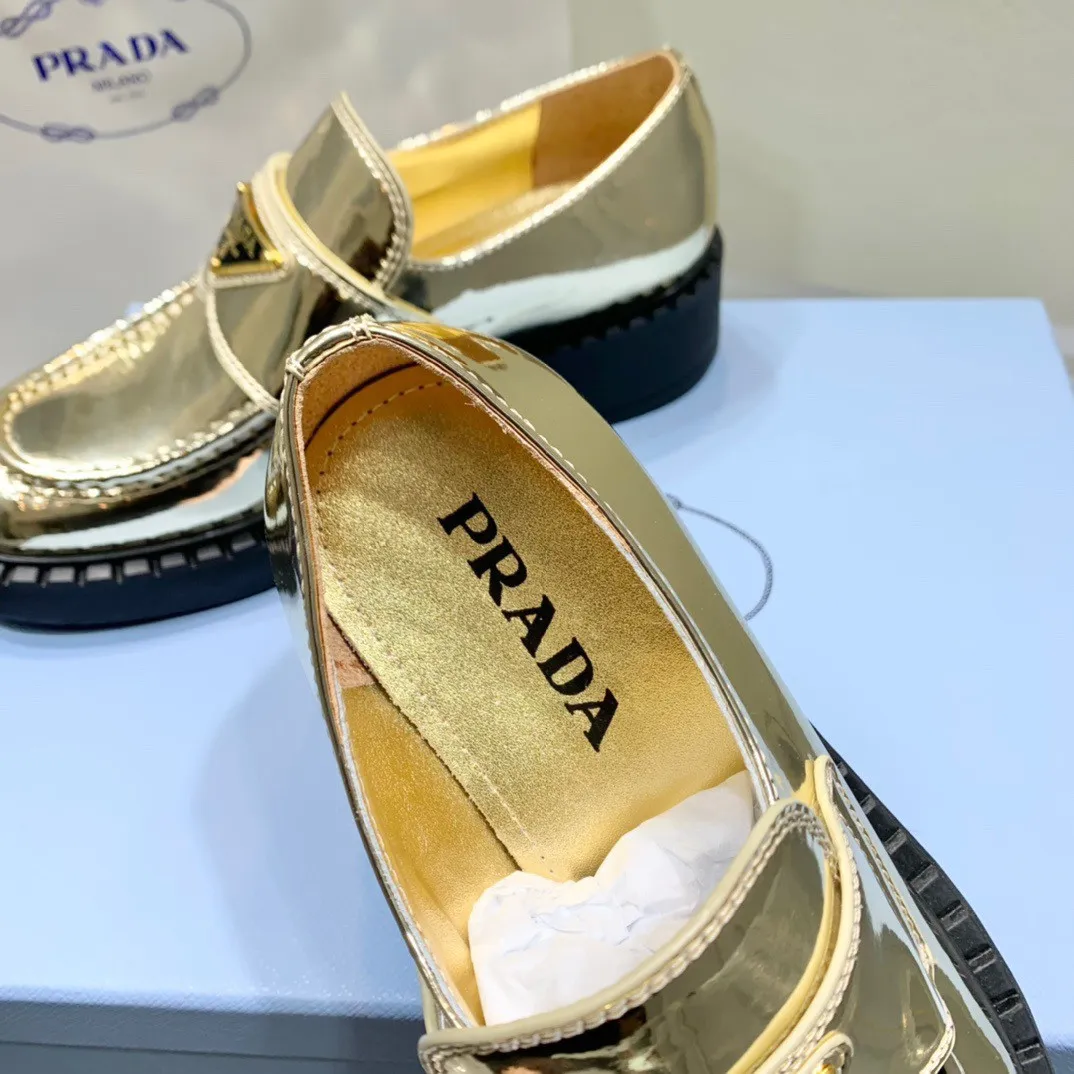 Prada Women's Loafers In Gold Metallic Leather - PRL004 Prada Women's Loafers In Gold Metallic Leather