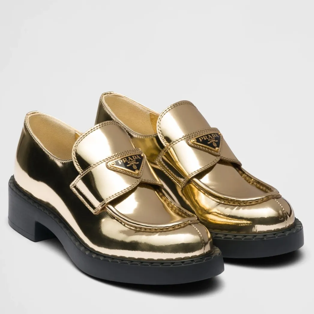 Prada Women's Loafers In Gold Metallic Leather - PRL004 Prada Women's Loafers In Gold Metallic Leather