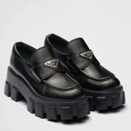 Prada Women's Monolith Loafers In Black Brushed Leather - PRL006 Prada Women's Monolith Loafers In Black Brushed Leather