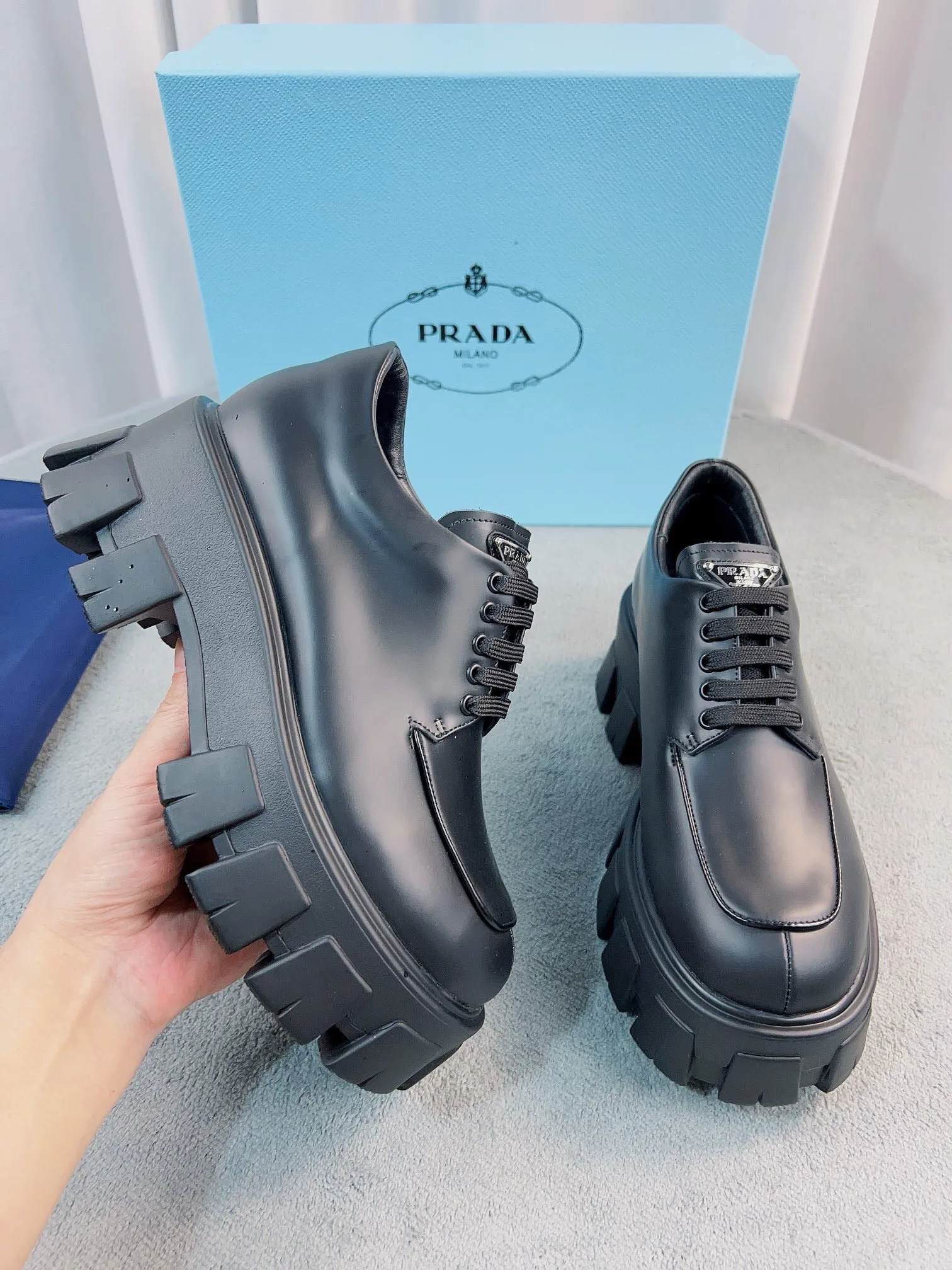 Prada Monolith Lace-up Shoes in Black Brushed Leather - PRL007 Prada Monolith Lace-up Shoes in Black Brushed Leather