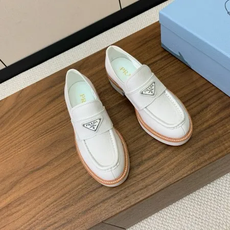 Prada Women's Loafers in White Grained Leather - PRL010 Prada Women's Loafers in White Grained Leather