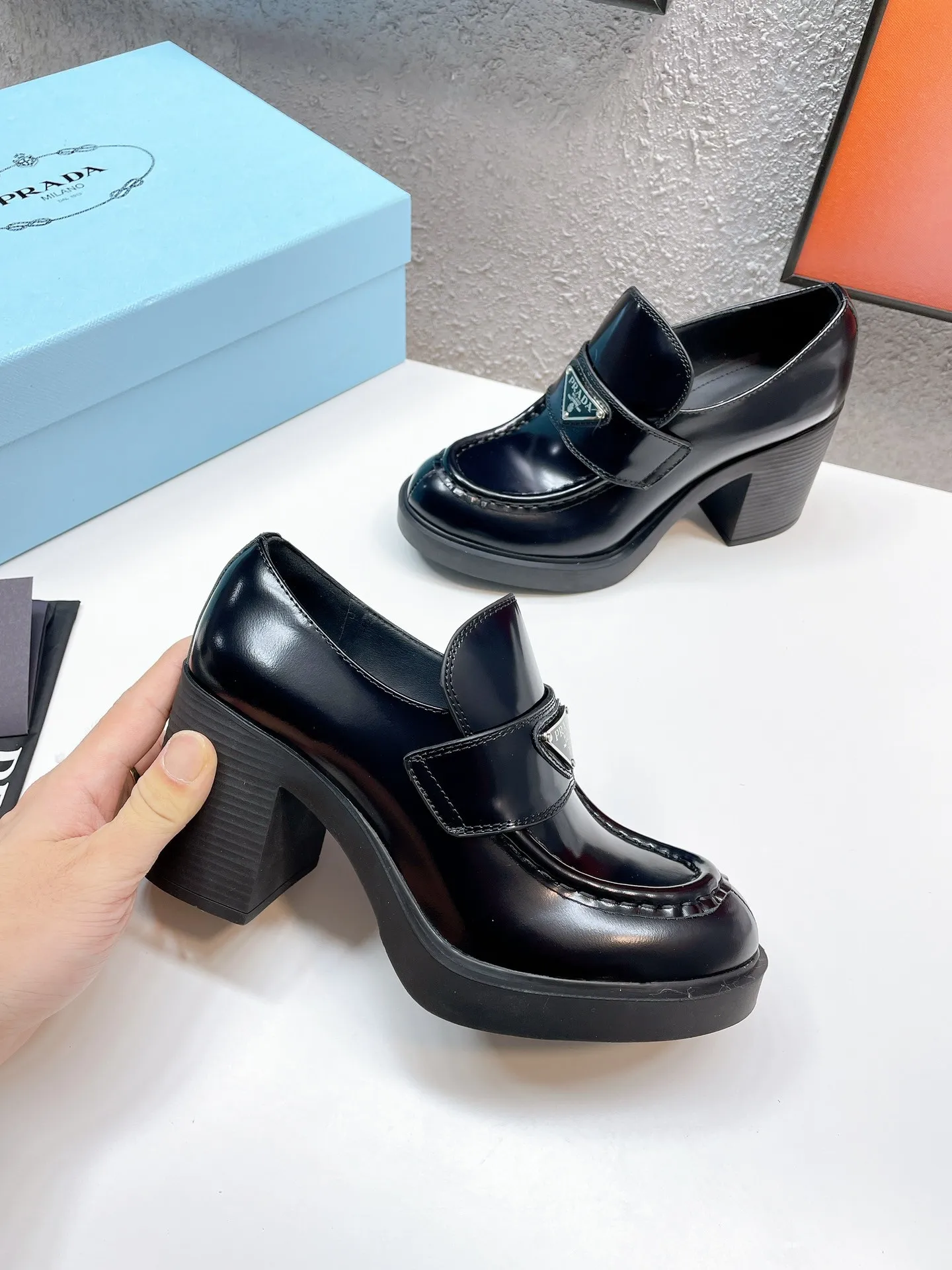 Prada Chocolate High-heeled Loafers In Black Brushed Leather - PRL001 Prada Chocolate High-heeled Loafers In Black Brushed Leather