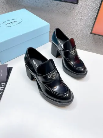 Prada Chocolate High-heeled Loafers In Black Brushed Leather - PRL001 Prada Chocolate High-heeled Loafers In Black Brushed Leather