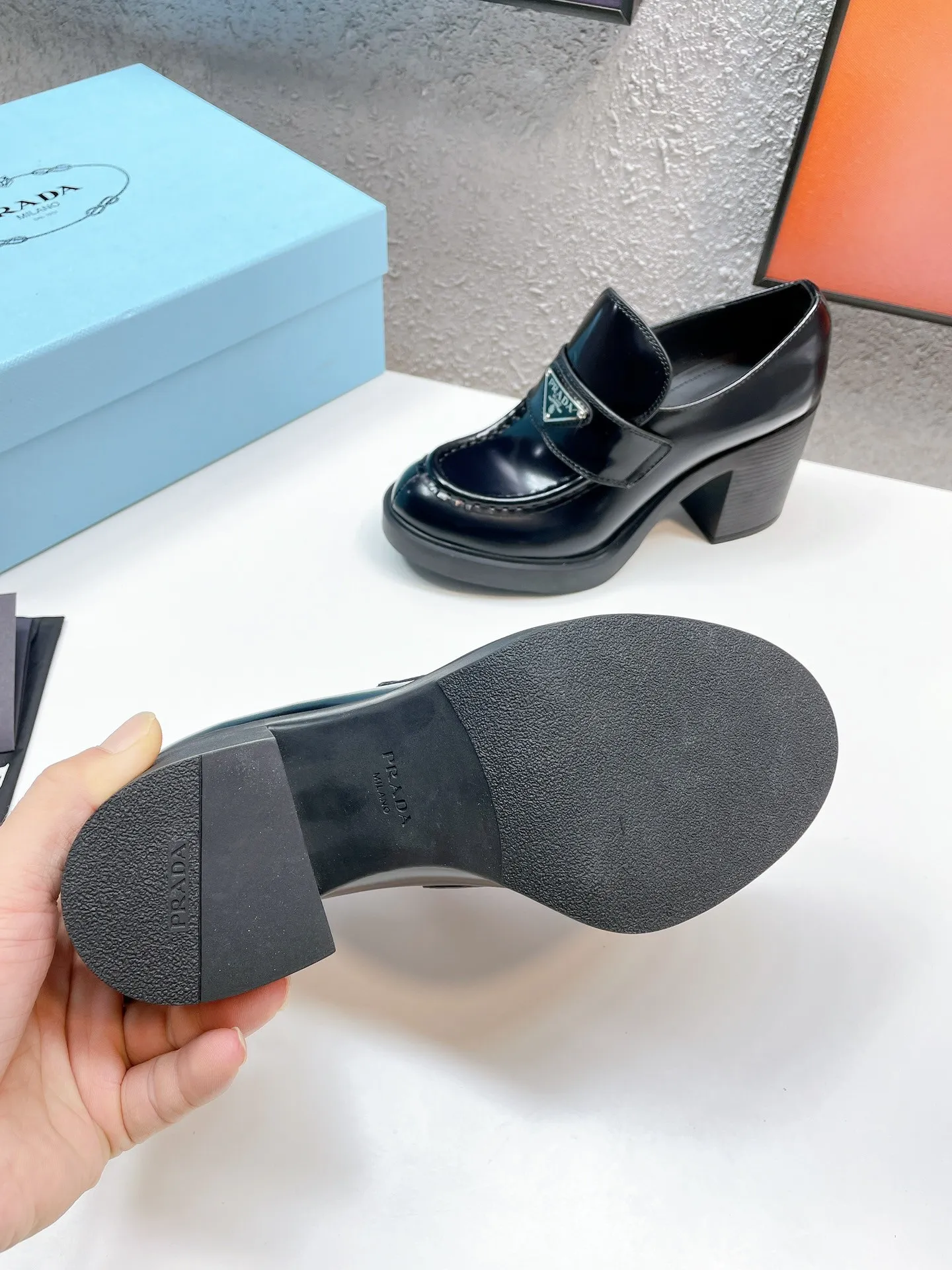 Prada Chocolate High-heeled Loafers In Black Brushed Leather - PRL001 Prada Chocolate High-heeled Loafers In Black Brushed Leather