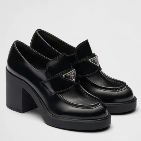 Prada Chocolate High-heeled Loafers In Black Brushed Leather - PRL001 Prada Chocolate High-heeled Loafers In Black Brushed Leather