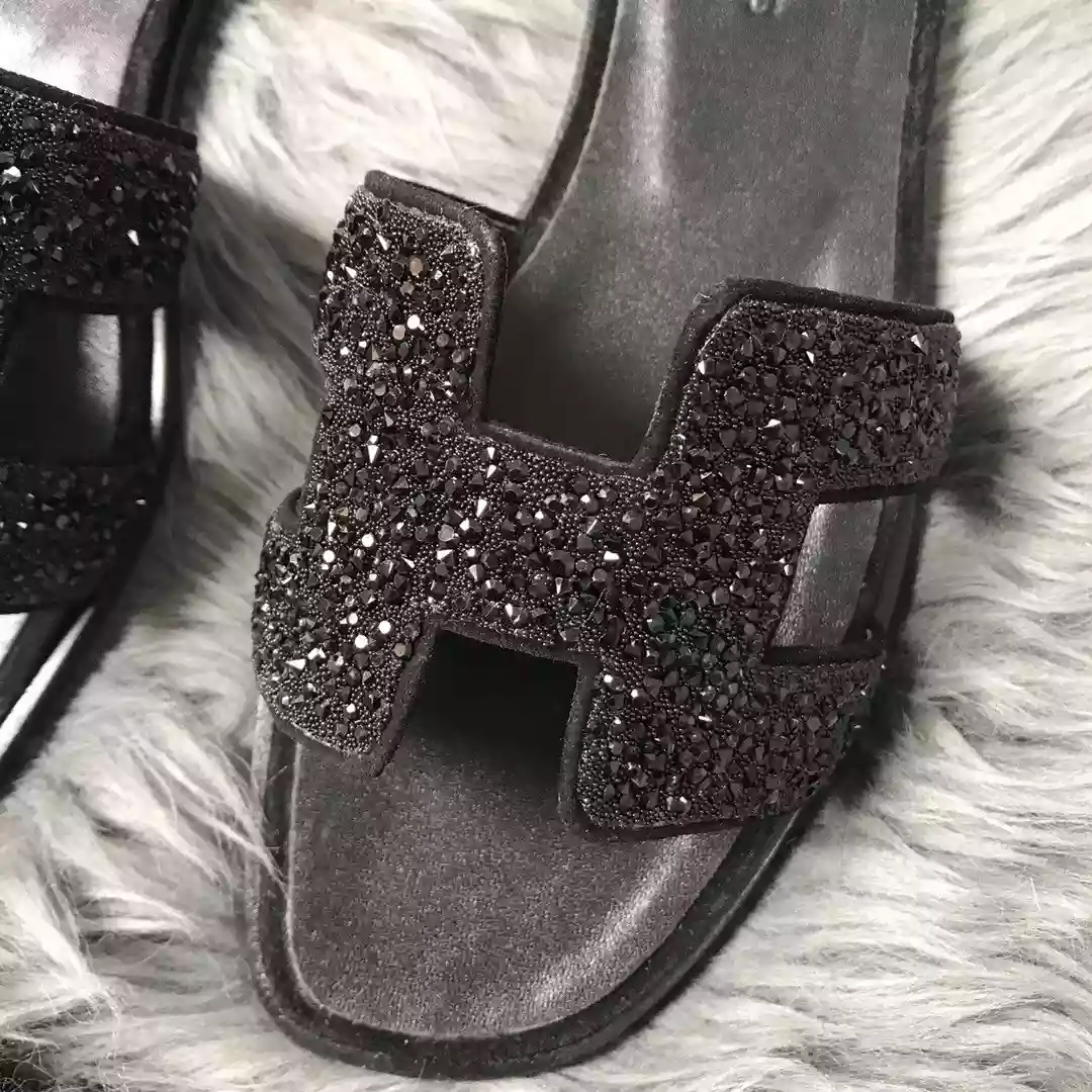 HERMES ORAN SLIDE SANDALS IN BLACK SUEDE WITH BLACK CRYSTAL - HMSD102