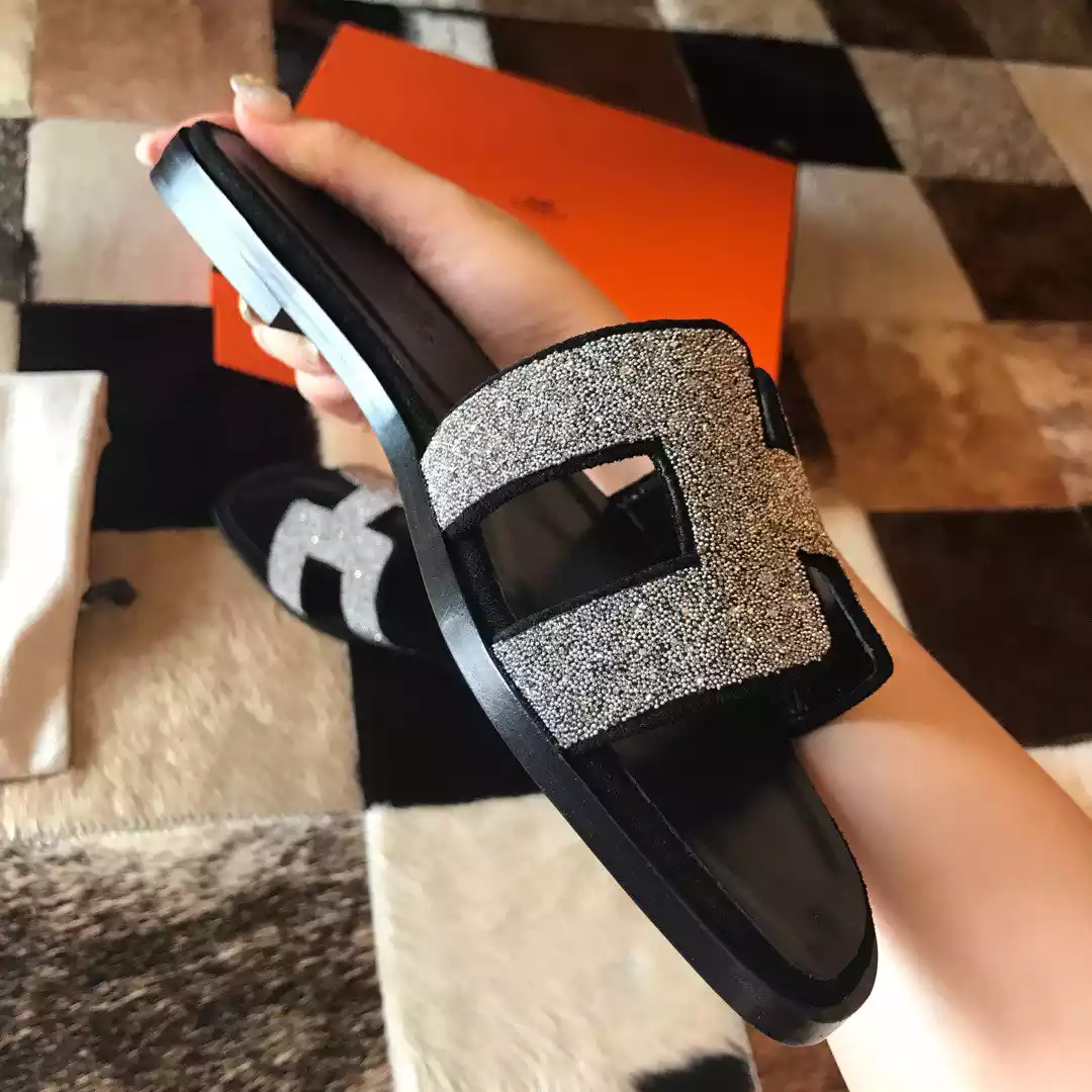 HERMES ORAN SLIDE SANDALS IN BLACK SUEDE WITH CRYSTAL - HMSD103