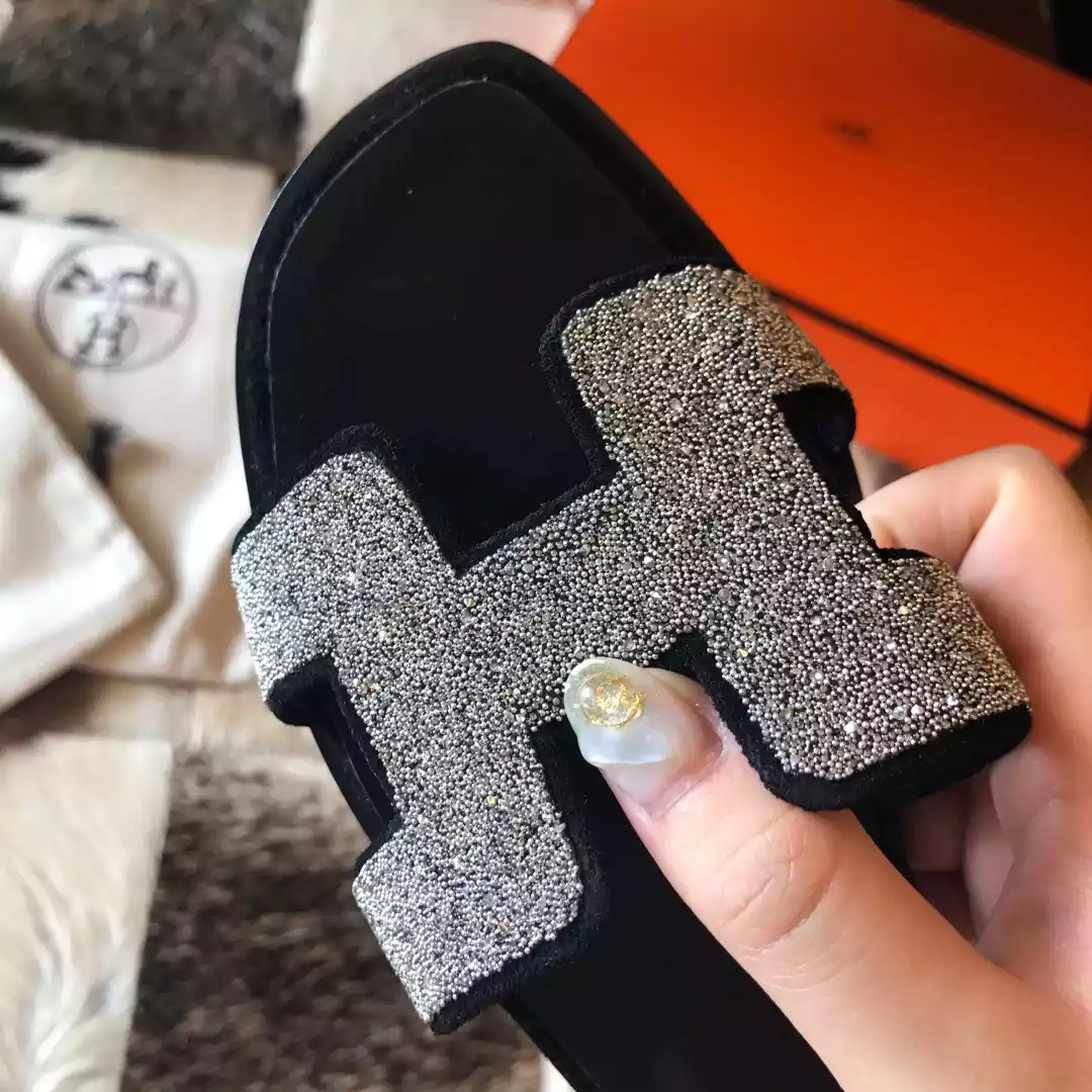 HERMES ORAN SLIDE SANDALS IN BLACK SUEDE WITH CRYSTAL - HMSD103