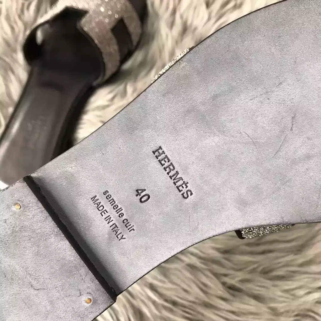 HERMES ORAN SLIDE SANDALS IN BLACK SUEDE WITH CRYSTAL - HMSD103