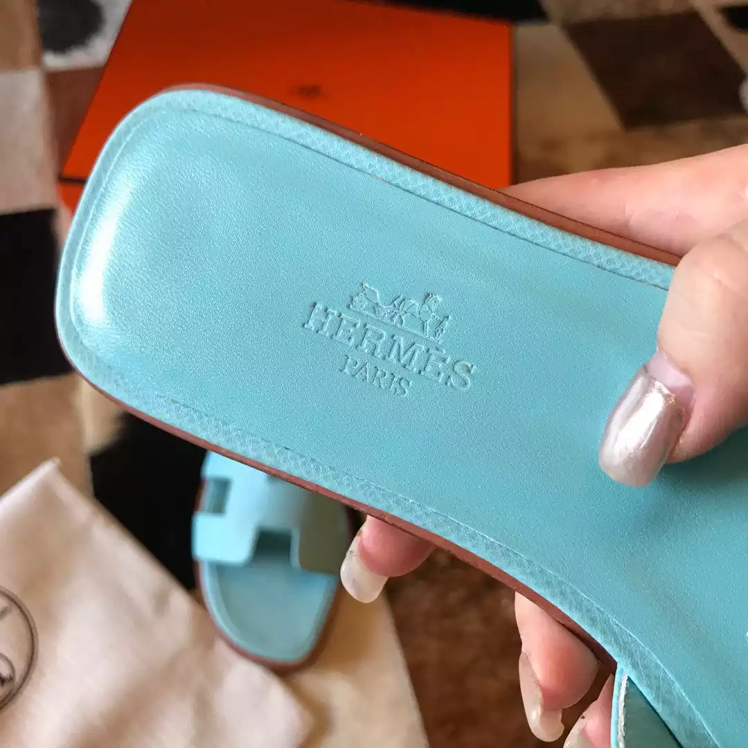 HERMES ORAN SLIDE SANDALS IN BLUE ATOLL EPSOM CALFSKIN - HMSD064