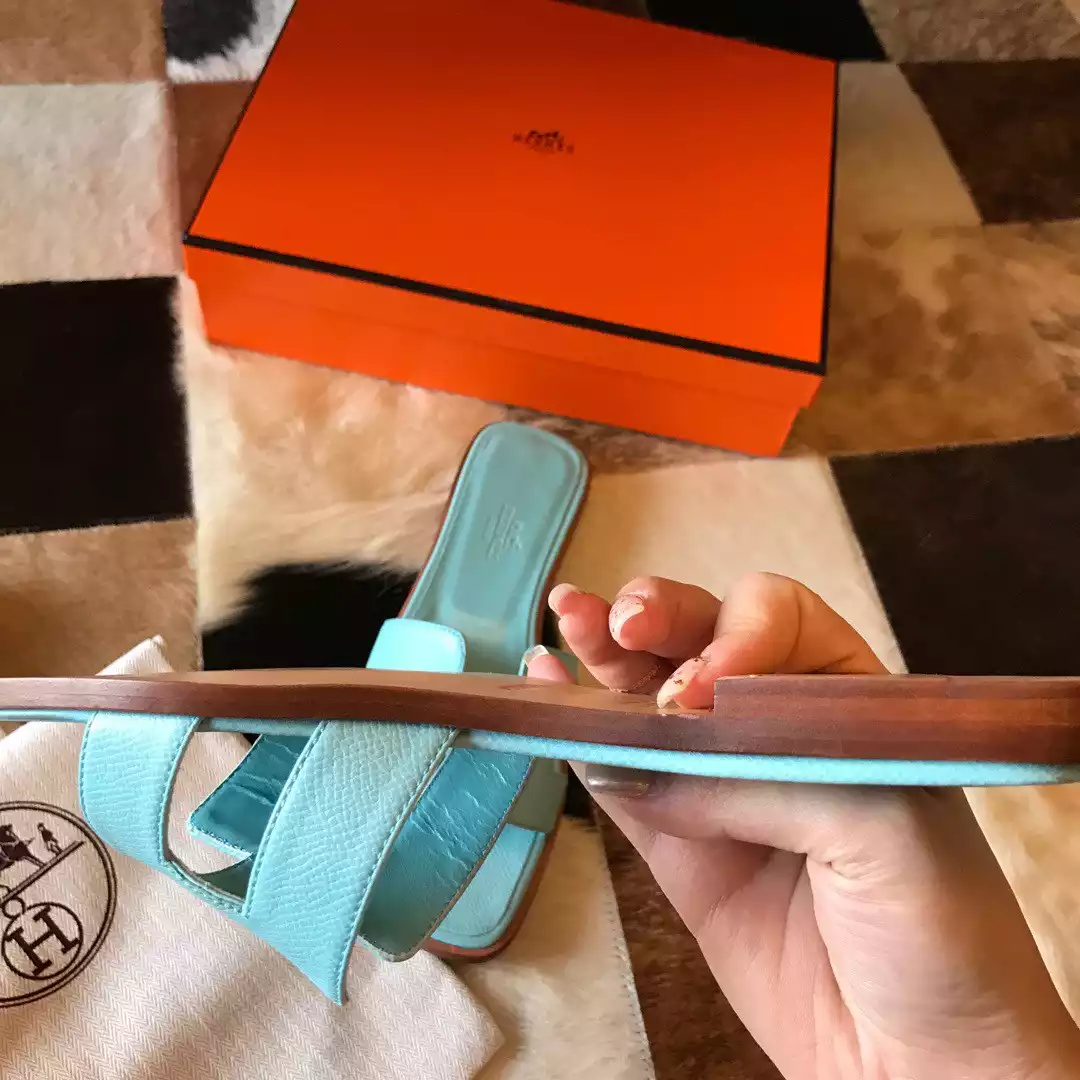 HERMES ORAN SLIDE SANDALS IN BLUE ATOLL EPSOM CALFSKIN - HMSD064