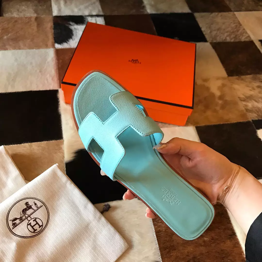 HERMES ORAN SLIDE SANDALS IN BLUE ATOLL EPSOM CALFSKIN - HMSD068
