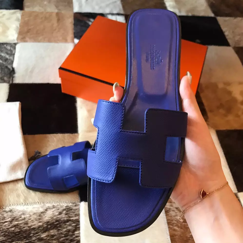 HERMES ORAN SLIDE SANDALS IN BLUE ELECTRIC EPSOM CALFSKIN - HMSD073