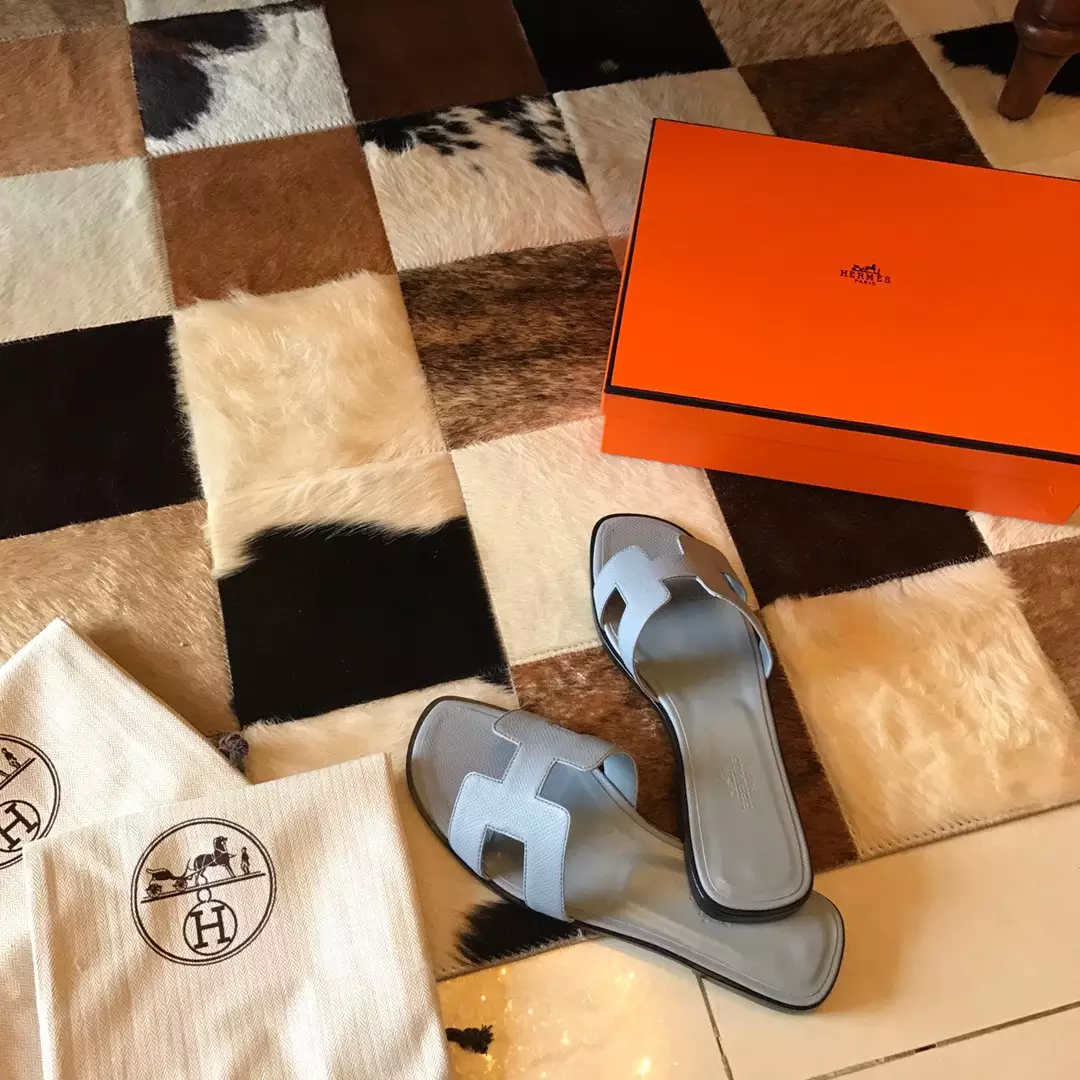 HERMES ORAN SLIDE SANDALS IN BLUE LIN EPSOM CALFSKIN - HMSD074