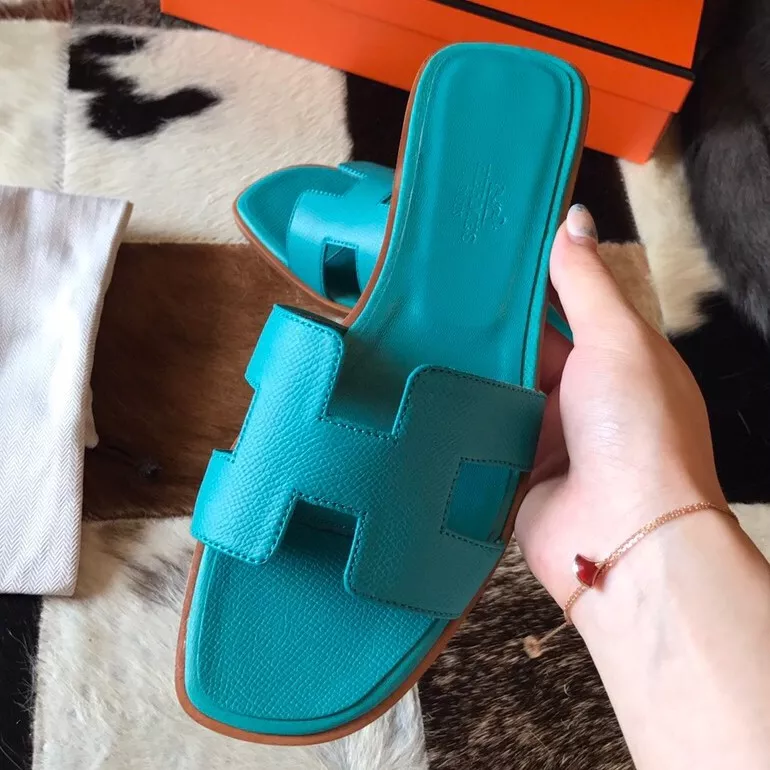 HERMES ORAN SLIDE SANDALS IN BLUE PAON EPSOM CALFSKIN - HMSD070