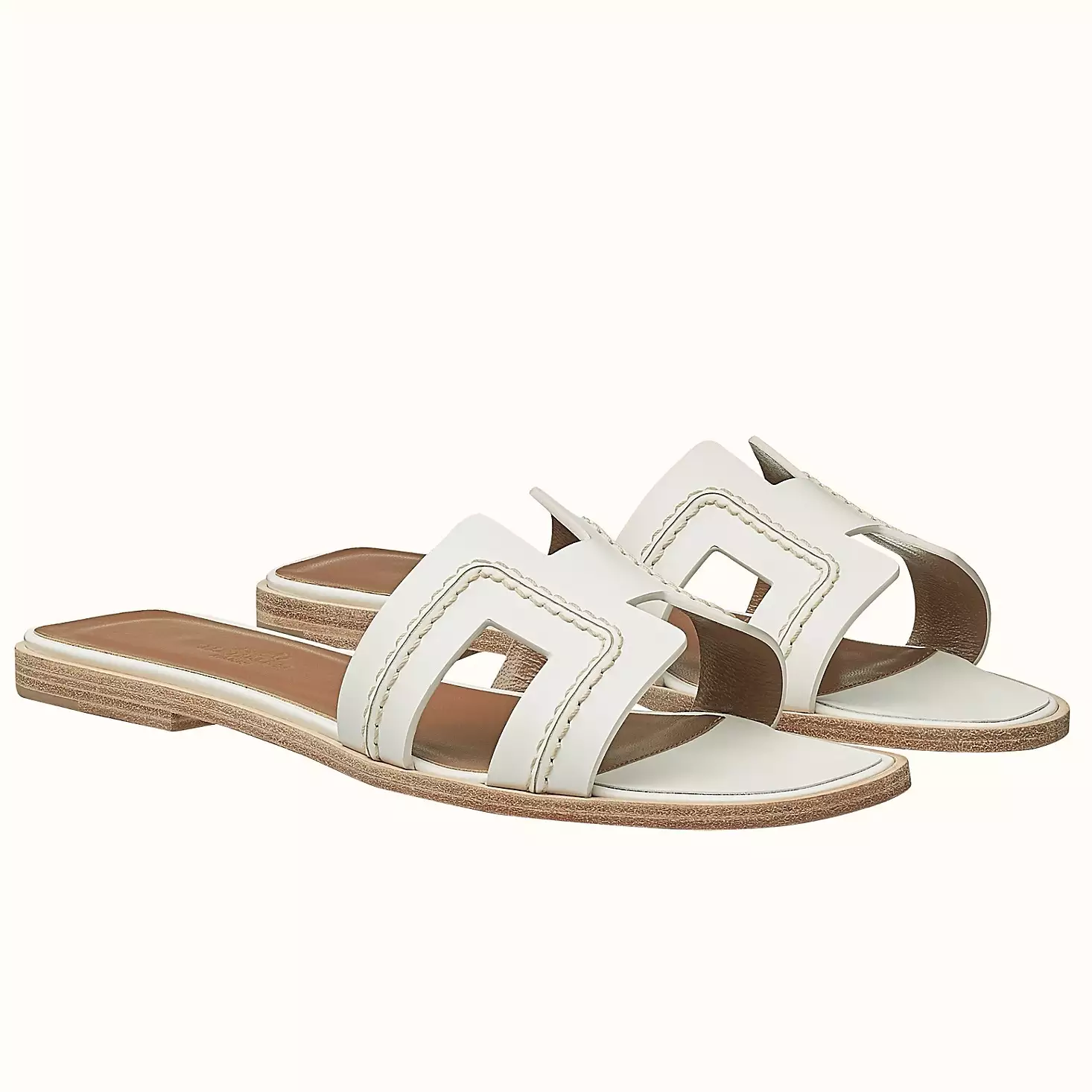 HERMES ORAN SLIDE SANDALS IN WHITE LEATHER WITH STITCHED - HMSD045