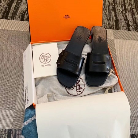 HERMES VIEW SLIDE SANDALS IN BLACK LEATHER - HMSD131