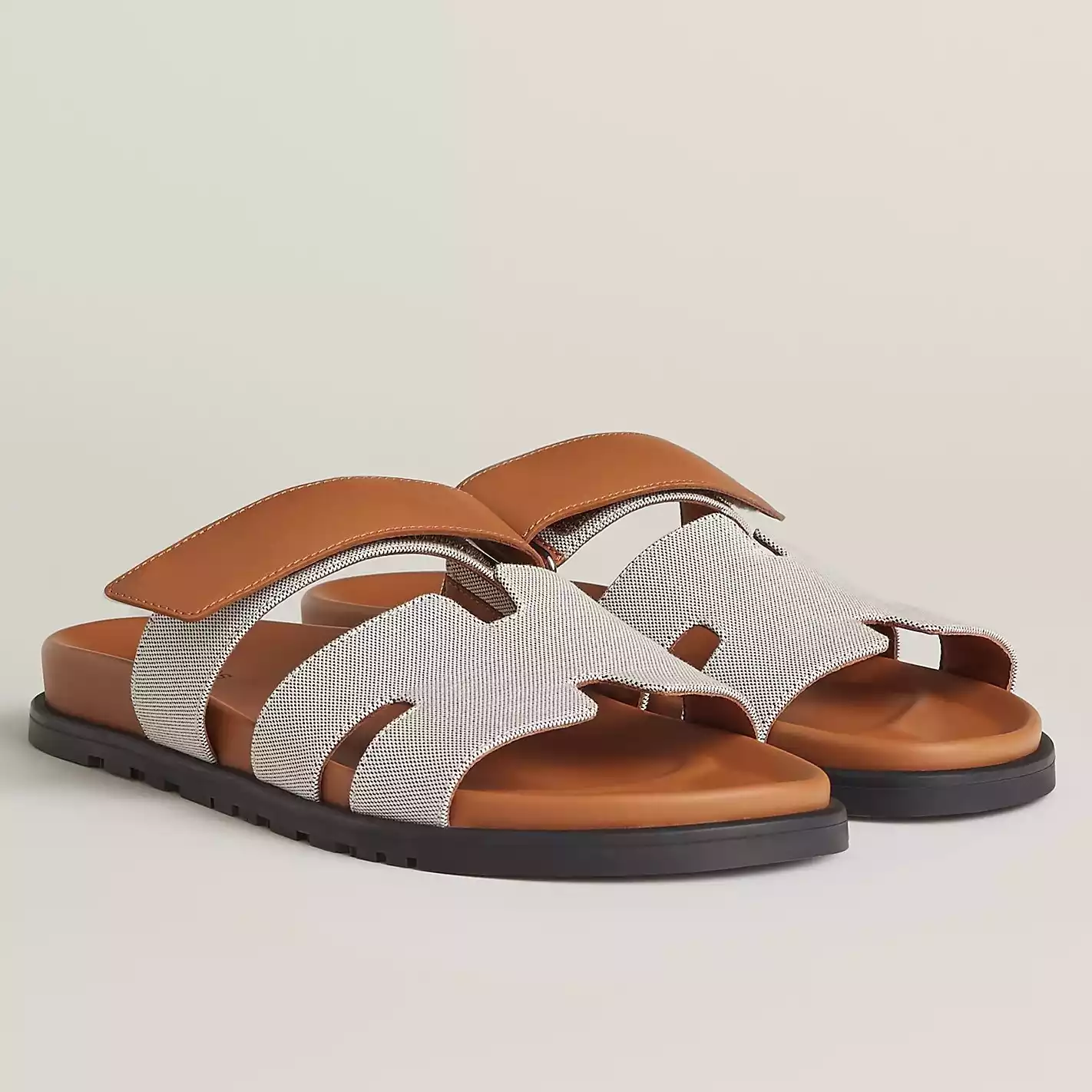 HERMES WOMEN'S CHYPRE SANDALS IN CANVAS WITH BROWN LEATHER - HMSD015