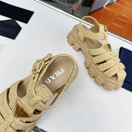 PRADA MONOLITH CROCHET CAGE SANDALS IN BEIGE RAFFIA FABRIC - PSD008