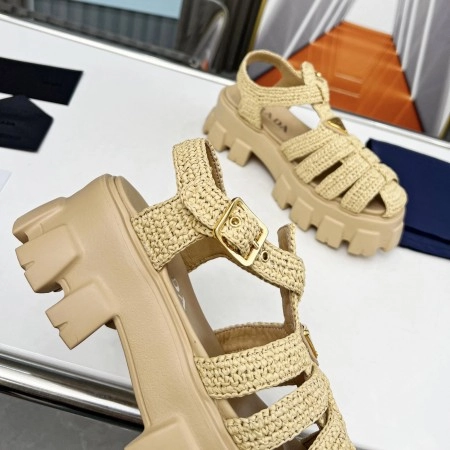 PRADA MONOLITH CROCHET CAGE SANDALS IN BEIGE RAFFIA FABRIC - PSD008