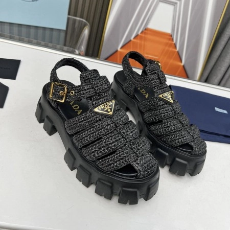 PRADA MONOLITH CROCHET CAGE SANDALS IN BLACK RAFFIA FABRIC - PSD009