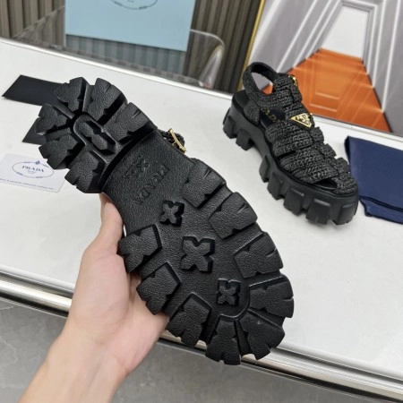 PRADA MONOLITH CROCHET CAGE SANDALS IN BLACK RAFFIA FABRIC - PSD009