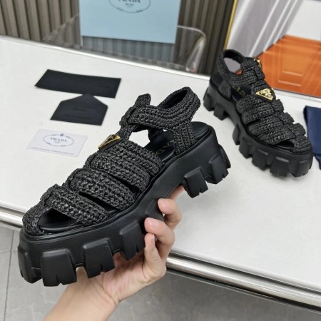 PRADA MONOLITH CROCHET CAGE SANDALS IN BLACK RAFFIA FABRIC - PSD009