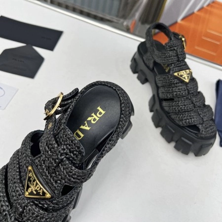 PRADA MONOLITH CROCHET CAGE SANDALS IN BLACK RAFFIA FABRIC - PSD009