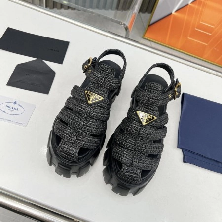 PRADA MONOLITH CROCHET CAGE SANDALS IN BLACK RAFFIA FABRIC - PSD009