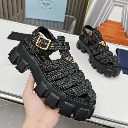 PRADA MONOLITH CROCHET CAGE SANDALS IN BLACK RAFFIA FABRIC - PSD009