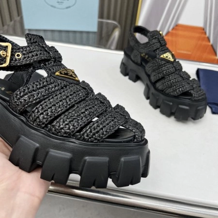 PRADA MONOLITH CROCHET CAGE SANDALS IN BLACK RAFFIA FABRIC - PSD009