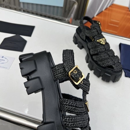 PRADA MONOLITH CROCHET CAGE SANDALS IN BLACK RAFFIA FABRIC - PSD009