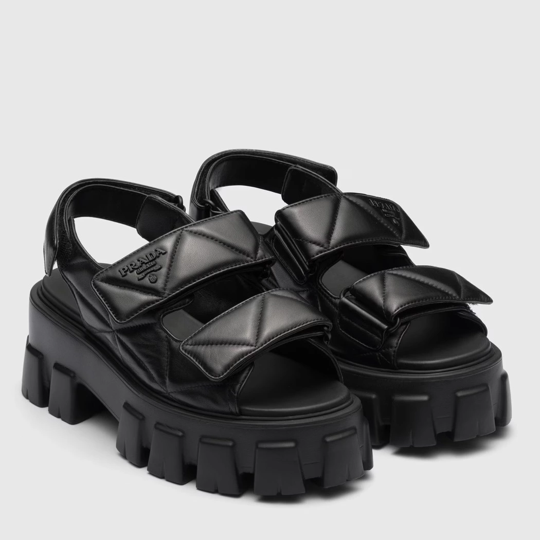 PRADA MONOLITH FLATFORM SANDALS IN BLACK NAPPA LEATHER - PSD019