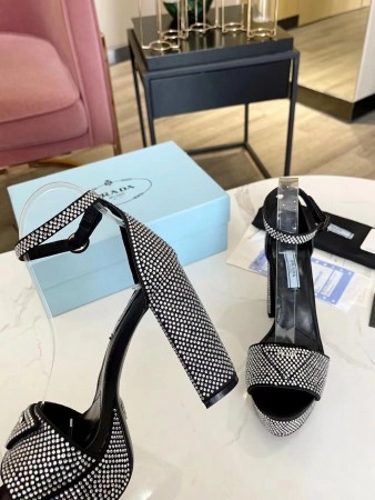 PRADA PLATFORM SANDALS 135MM IN BLACK SATIN WITH CRYSTALS - PSD010