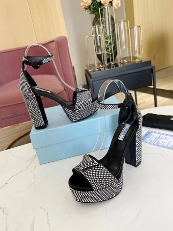 PRADA PLATFORM SANDALS 135MM IN BLACK SATIN WITH CRYSTALS - PSD010