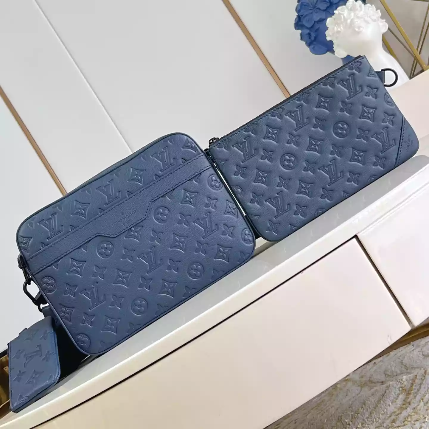 TRIO MESSENGER BAG NAVY BLUE MONOGRAM SHADOW - LW312 TRIO MESSENGER BAG NAVY BLUE MONOGRAM SHADOW