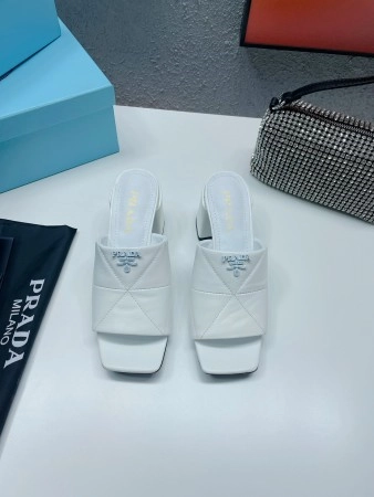 PRADA HEELED SLIDE SANDALS 65MM IN WHITE NAPPA LEATHER - PSD036