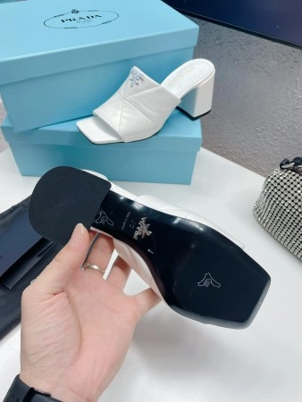 PRADA HEELED SLIDE SANDALS 65MM IN WHITE NAPPA LEATHER - PSD036