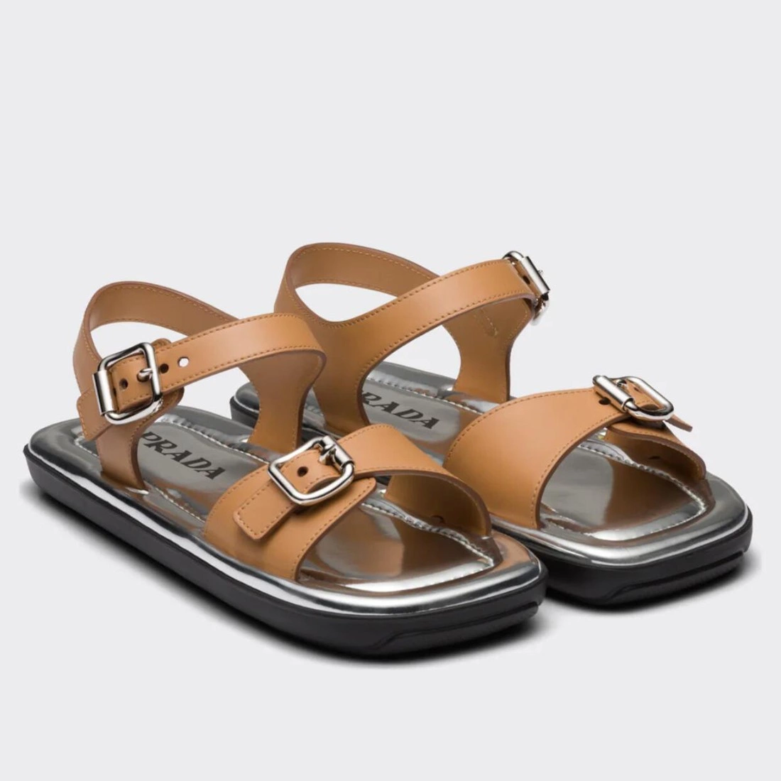 PRADA DOUBLE-STRAP SANDALS IN BROWN LEATHER - PSD041