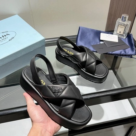 PRADA FLATFORM SANDALS IN BLACK QUILTED NAPPA LEATHER - PSD043