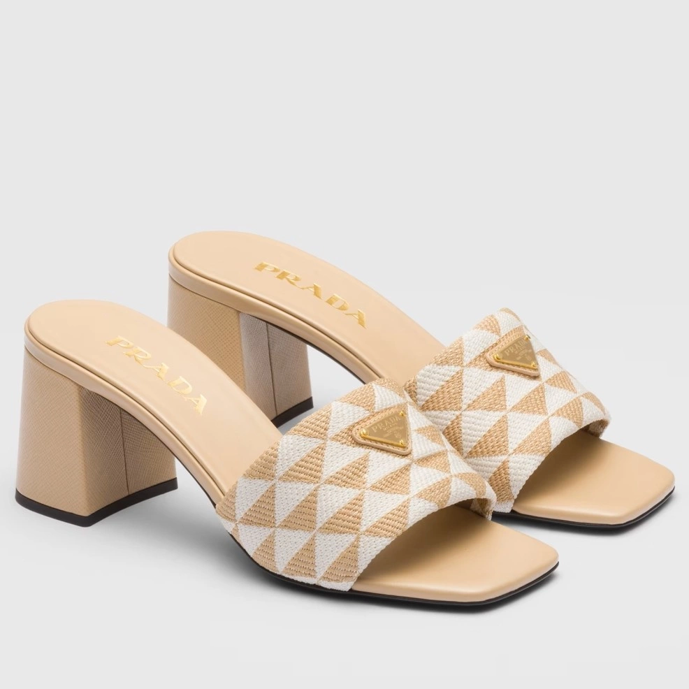 PRADA HEELED SLIDE SANDALS 65MM IN BEIGE AND WHITE FABRIC - PSD034