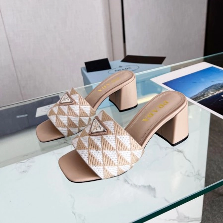 PRADA HEELED SLIDE SANDALS 65MM IN BEIGE AND WHITE FABRIC - PSD034