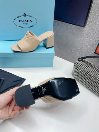 PRADA HEELED SLIDE SANDALS 65MM IN BEIGE NAPPA LEATHER - PSD037