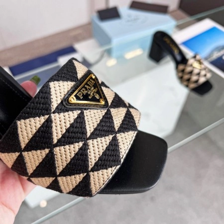 PRADA HEELED SLIDE SANDALS 65MM IN BLACK AND BEIGE FABRIC - PSD035