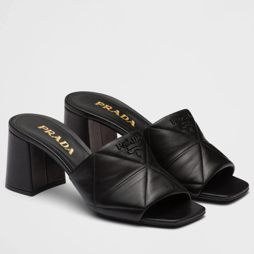 PRADA HEELED SLIDE SANDALS 65MM IN BLACK NAPPA LEATHER - PSD038