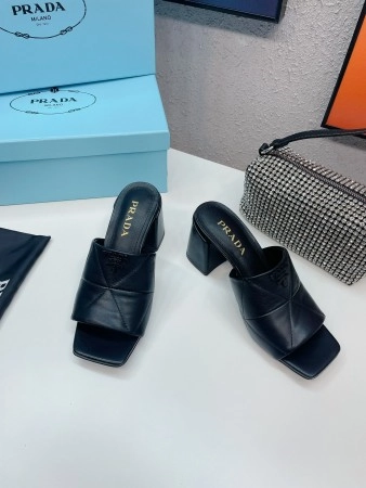 PRADA HEELED SLIDE SANDALS 65MM IN BLACK NAPPA LEATHER - PSD038