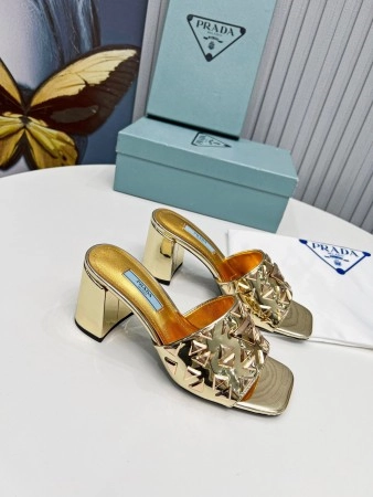 PRADA HEELED SLIDE SANDALS 65MM IN GOLD METALLIC LEATHER - PSD033