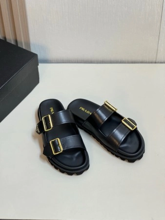 PRADA WOMEN'S STRAP SLIDES SANDALS IN BLACK LEATHER - PSD028